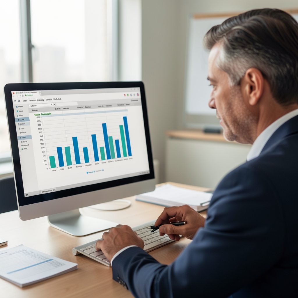 Analista financiero de mediana edad revisando planillas de cálculo con gráficos de barras en una pantalla de computadora