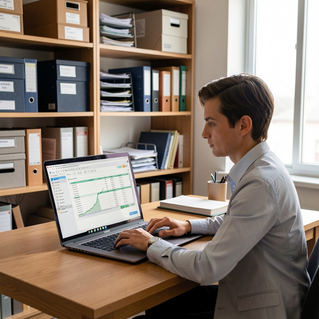 Persona utilizando un software de gestión contable en una laptop dentro de una pequeña oficina con estantes de archivo