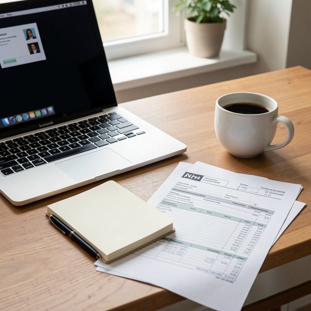 Escritorio de redacción con notebook, cuaderno de notas y taza de café junto a documentos contables impresos