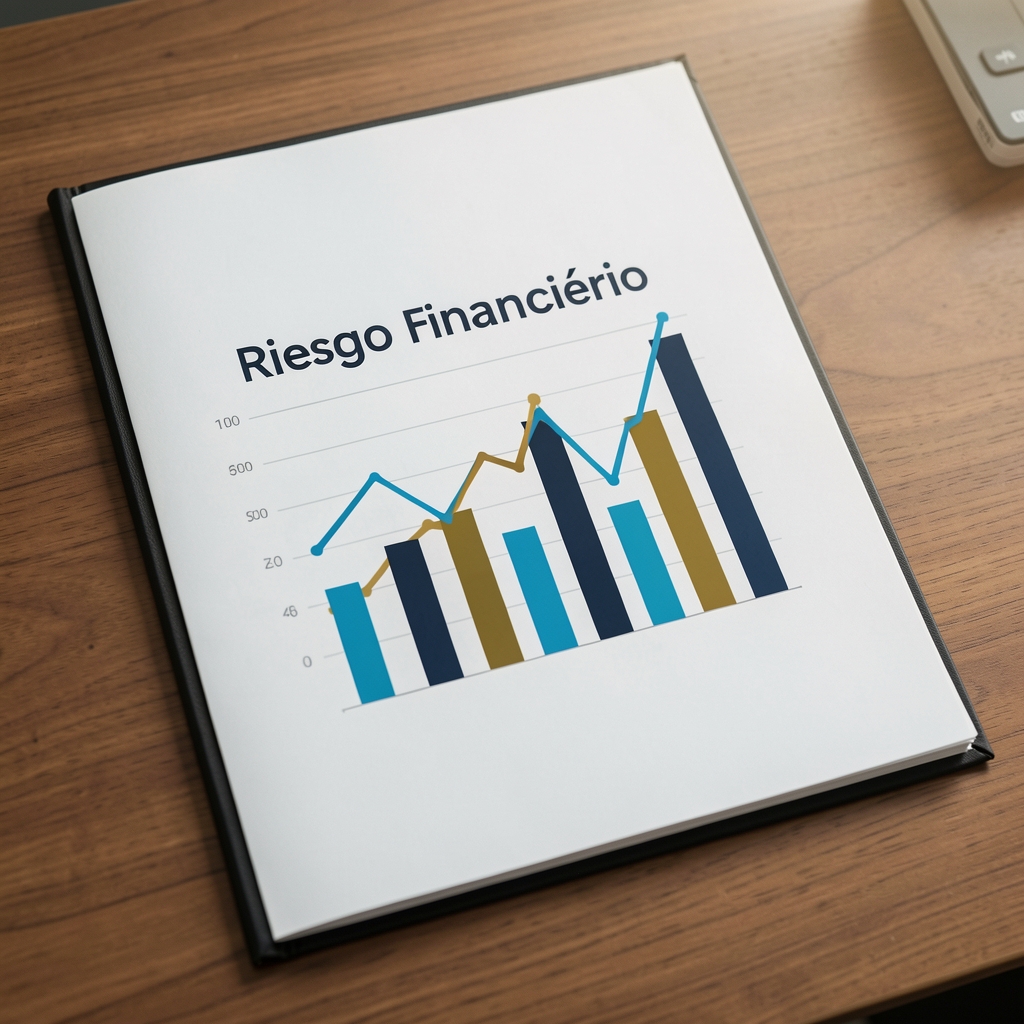 Gráfico de líneas y barras impreso sobre una carpeta con la palabra riesgo financiero destacada en un informe