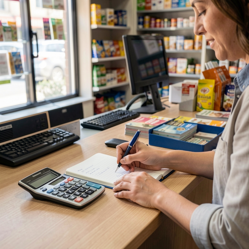Persona registrando pagos en efectivo en un cuaderno de caja junto a una calculadora sobre el mostrador de un comercio