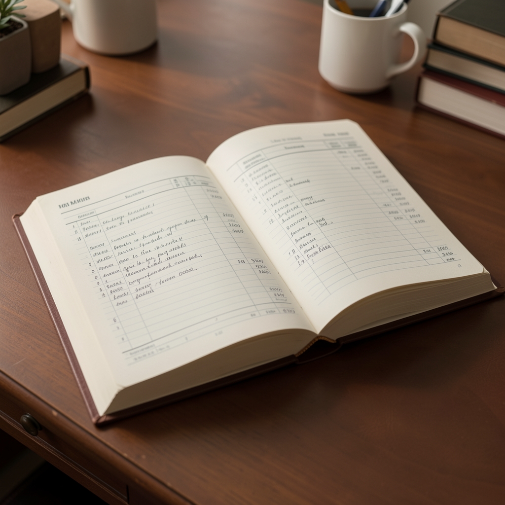 Libro mayor contable abierto sobre un escritorio con anotaciones manuscritas de asientos de ingresos y gastos