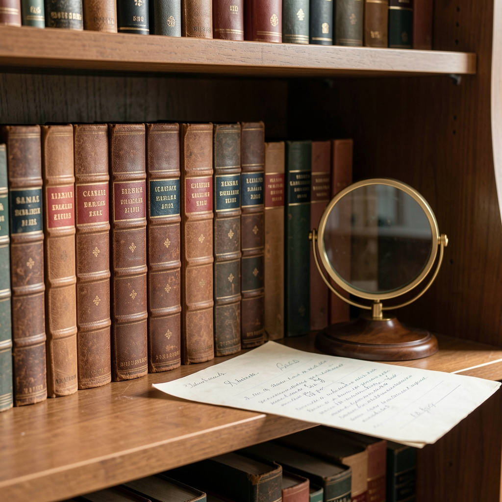 Estantería con libros contables antiguos encuadernados en cuero junto a una lupa y hojas con anotaciones