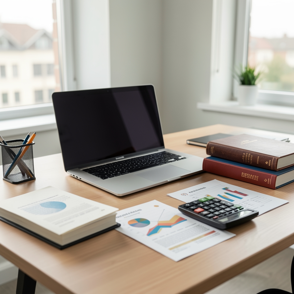 Escritorio de oficina contable moderno con laptop, calculadora, libros mayores y gráficos financieros impresos sobre la mesa