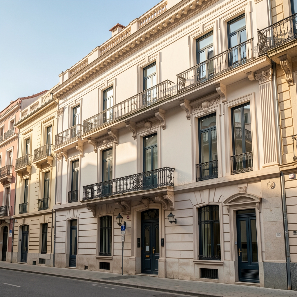 Fachada de un edificio de oficinas de estilo clásico en el barrio de San Telmo, Buenos Aires, con balcones de hierro