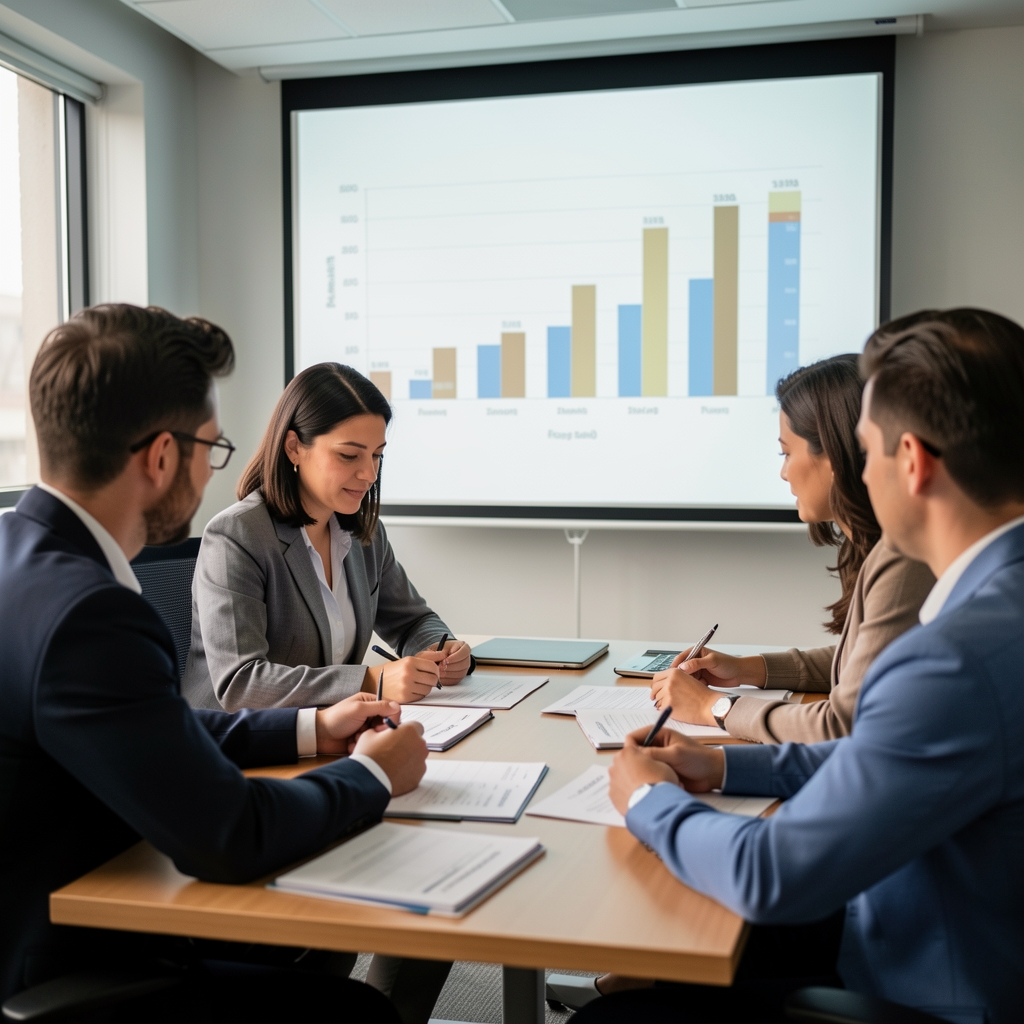 Equipo de gestión revisando planillas de presupuesto anual con gráficos de barras proyectados en una pantalla