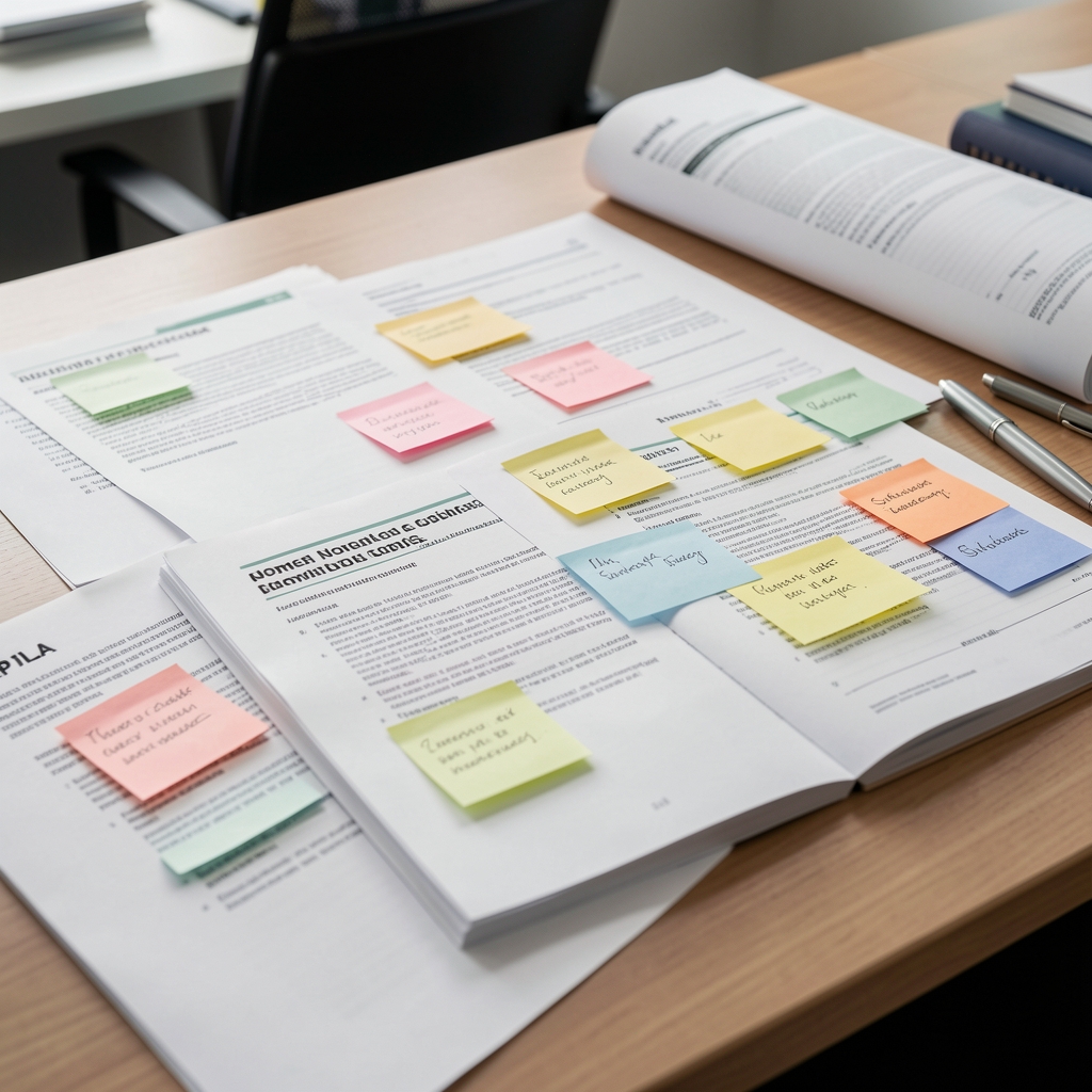 Pila de manuales y normas contables impresas con post-its de colores marcando páginas sobre un escritorio
